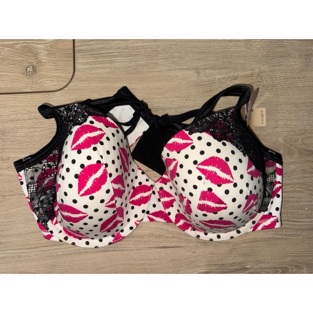 Cacique 40DD Bra Pink Lips Polka Dot Lace Trim Padded Underwire Black White